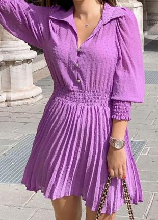 Воздушное сиреневое платье с плиссированной юбкой zara лиловое фиолетовое шифоновое платье плиссе9 фото
