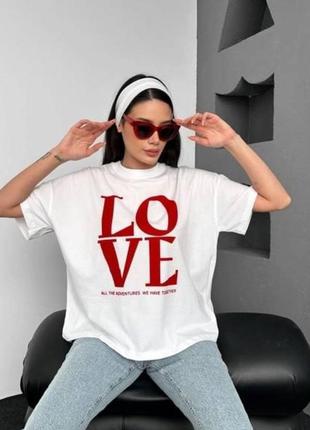 Белая женская летняя футболка оверсайз свободного кроя с надписью женская универсальная повседневная футболка с яркой надписью love