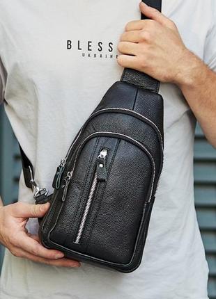 Сумка-слинг мужская черная из натуральной кожи на одно плечо 23371-w