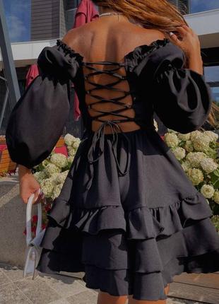 Платье воланы открытые плечи шнуровка на спинке костюмка 4 цвета4 фото