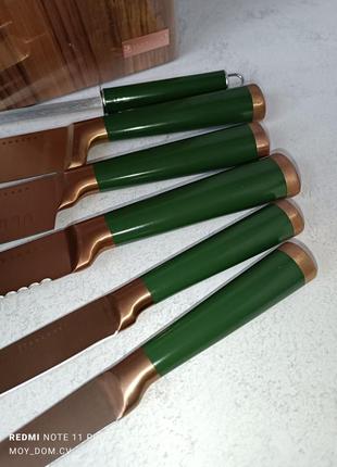 Набір кухонних ножів з дерев'яною підставкою 7 предметів edenberg, зелений8 фото