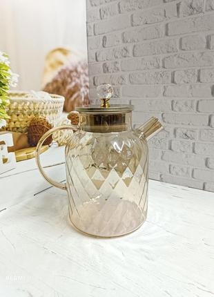Високий скляний чайник для плити 1,5 л бурштиновий перламутр amber crystal
