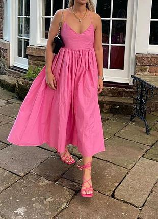 Выпускное платье пышное, хлопковое платье миди, розовое платье с окрытой спинкой, длинное платье на шнуровке, корсетное платье