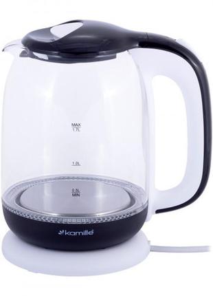 Чайник електричний kamille 1,7 л., скляний корпус (бiло-чорний)