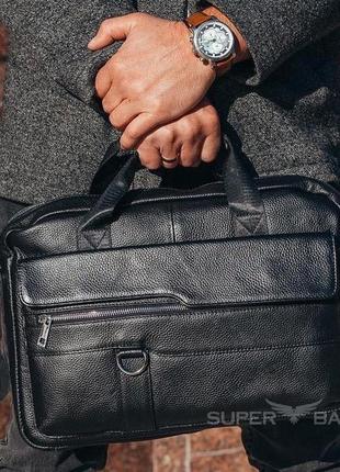 Шкіряна чорна чоловіча сумка-портфель для документів та ноутбука fn-83672