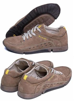 Мужские кожаные летние кроссовки, перфорация 377 беж, мужские кеды нубук, туфли бежевые. летняя мужская обувь1 фото