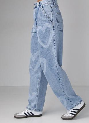 Женские голубые синие джинсы с сердцами, джинсовые брюки принт 38 403 фото