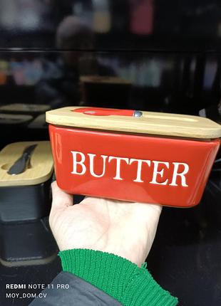 Маслянка керамічна з ножем та бамбуковою кришкою butter, червоний