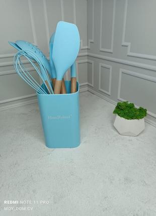Силіконовий кухонний набір приладдя з відерцем, блакитний, 8 предметів, hausroland3 фото