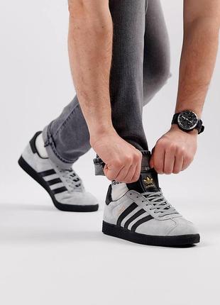 Мужские замшевые кроссовки adidas originals gazelle gray black, кеды адидас серые. мужская обувь