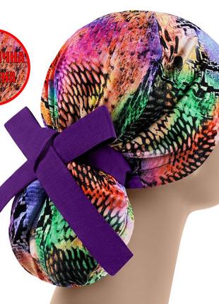 Медицинская шапочка шапка женская тканевая хлопковая многоразовая принт змеиный разноцветный1 фото