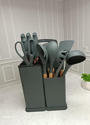 Набір кухонного приладдя 19 предметів з подвійною підставкою обробною дошкою набором ножів10 фото