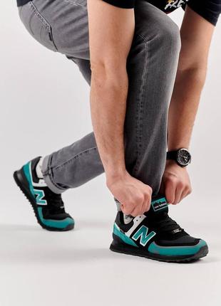 Мужские кроссовки замша текстиль new balance 574 tp2 black turquoise, кеды нью беленс черные. мужская обувь