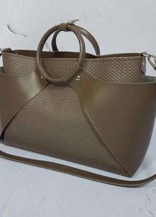 Оригинальная сумка из натуральной кожи, капучино с плетенкой 1685