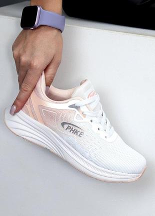 Белые розовые женские спортивные кроссовки тканевые текстильные