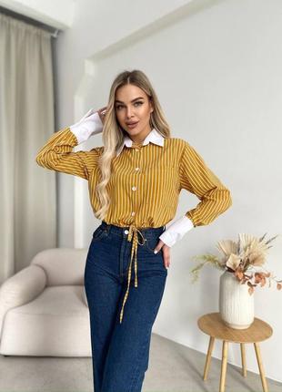 Укороченная рубашка в полоску рубашка свободного кроя на завязках стильная с длинными рукавами белыми манжетами желтая синяя черная
