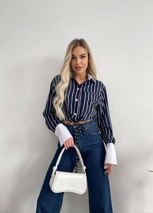 Укороченная рубашка в полоску рубашка свободного кроя на завязках стильная с длинными рукавами белыми манжетами желтая синяя черная