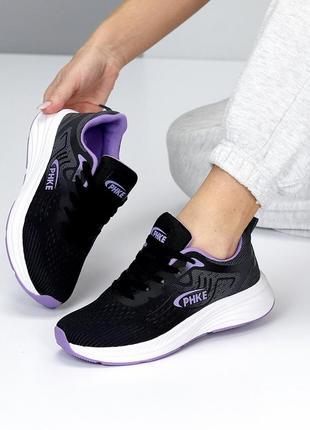 Черные сиреневые женские спортивные кроссовки тканевые текстильные8 фото