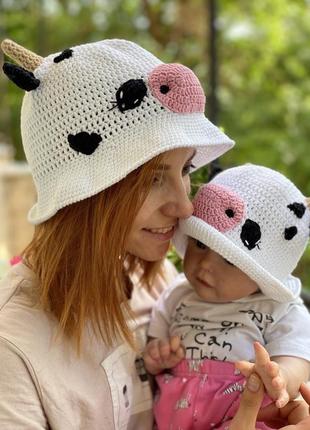 Шляпки летние "коровка" family look мама и дочь4 фото