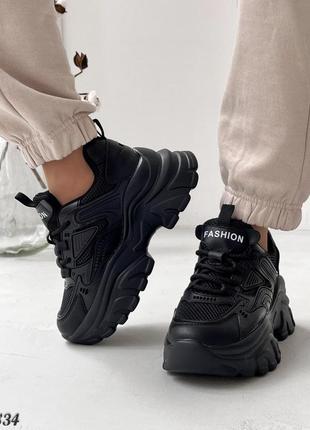 Женские трендовые черные кроссовки на высокой платформе экокожа + текстиль