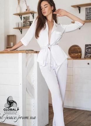Пижамный костюм двойка kaizza жакет+ брюки  белый  эко-шелк xs-5xl