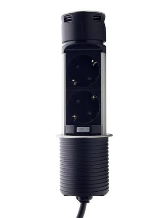 Меблева розетка (вертикальна) 2 x 16 а , 2 x usb 2,4 а, металл + провід 3 x 1.5 mm²