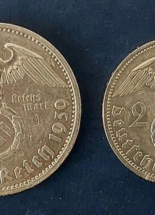 Монети 2 і 5 рейхсмарок, обидві 1939 року, німеччина, срібло2 фото