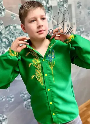 Вышиванка на мальчика "колосоки с гербом на кнопках"зеленая4 фото