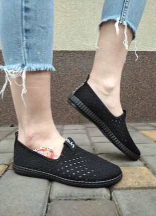 Чорні літні тканинні мокасини