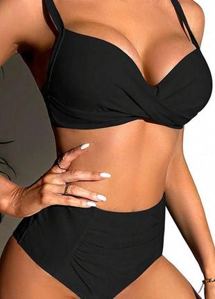 Черный раздельный купальник на косточках с высокими плавками  s