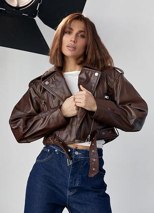 Жіноча коротка косуха з екошкіри - коричневий цвет, l (є розміри)