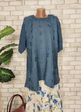 Нова мегапростора літня блуза зі 100% льону в синьому кольорі з вишивкою, розмір 4-6 хл