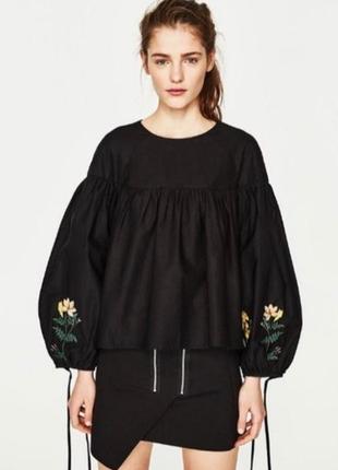 Блуза, вышиванка, от zara, черная, коттон