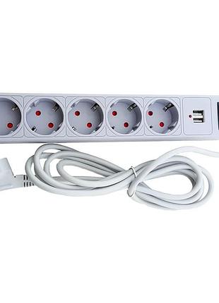 Мережевий фільтр 5 гнізд із заземленням, 3 м , 2usb, захисні шторки сірий