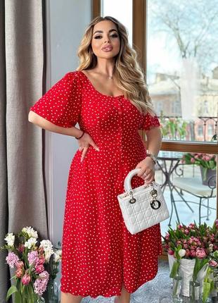 Яскрава червона літня сукня на гудзиках, а-силуету в горох, великих розмірів від 48 до 62