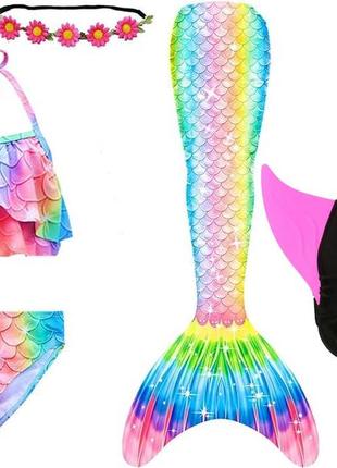 Костюм купальник русалки набір для дівчаток (купальник, хвіст, моноласта, вінок) зріст 140 см