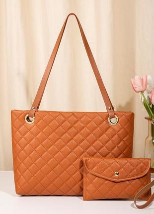 Женская сумка шоппер вместительная + кошелёк, большая сумка шопер бежевая