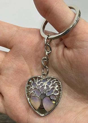 Натуральний місячний камінь в оправі "дерево життя у серці" на брелоку для ключів оригінальний подарунок дівчині1 фото