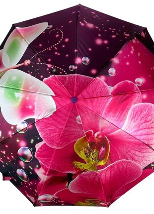 Женский зонт полуавтомат на 9 спиц сатиновый купол с цветочным принтом от frei regen, фиолетовая ручка 09081-2