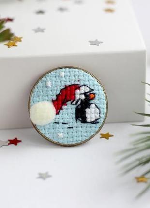 Новорічна брошка / брошка пінгвін / брошка з вишивкою