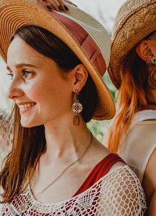 Серьги с вышивкой / коричневые серьги / серьги в этно стиле