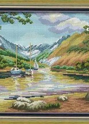 Набор для вышивания по нанесённой на канву схеме "landscape of lakes and hills".aida 14ct printed , 44*31 см