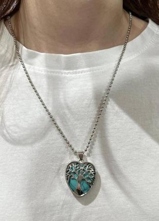 Натуральный камень бирюза в оправе "древо жизни в сердце" на шнурке - оригинальный подарок девушке в коробочке8 фото