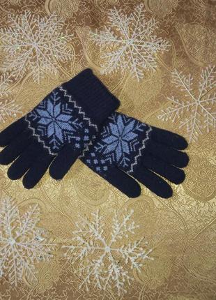 Перчатки вязанные синие, на 12-14 лет
