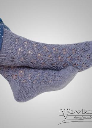 Теплые носки спицами из шерстяной пряжи, ажурные, мягкие, серые1 фото