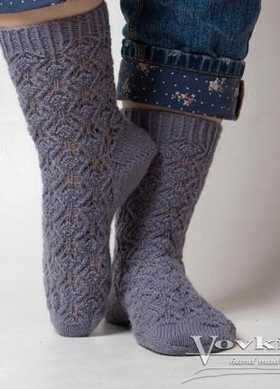 Теплі шкарпетки спицями з вовняної пряжі, ажурні, м'які, сірі4 фото
