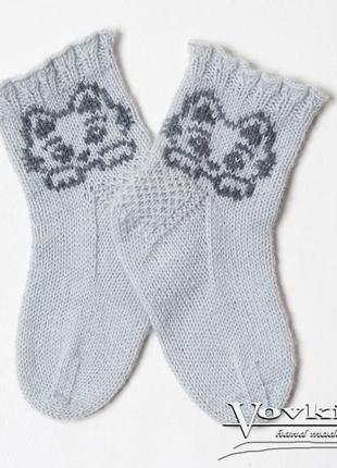 Шкарпетки дитячі теплі з котиком, сірі шкарпетки з кошеням1 фото