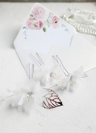 Свадебные шпильки с шифоновыми цветами в прическу невесты, на выпускной8 фото