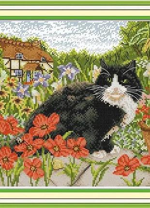Набор для вышивания по нанесённой на канву схеме "the cat and poppy" . aida 14ct printed, 31*31 см