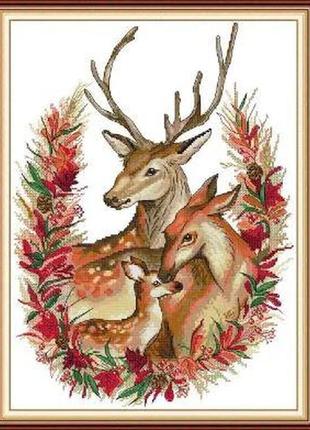 Набор для вышивания по нанесённой на канву схеме  "christmas deer family".aida 14ct printed , 36*47 см